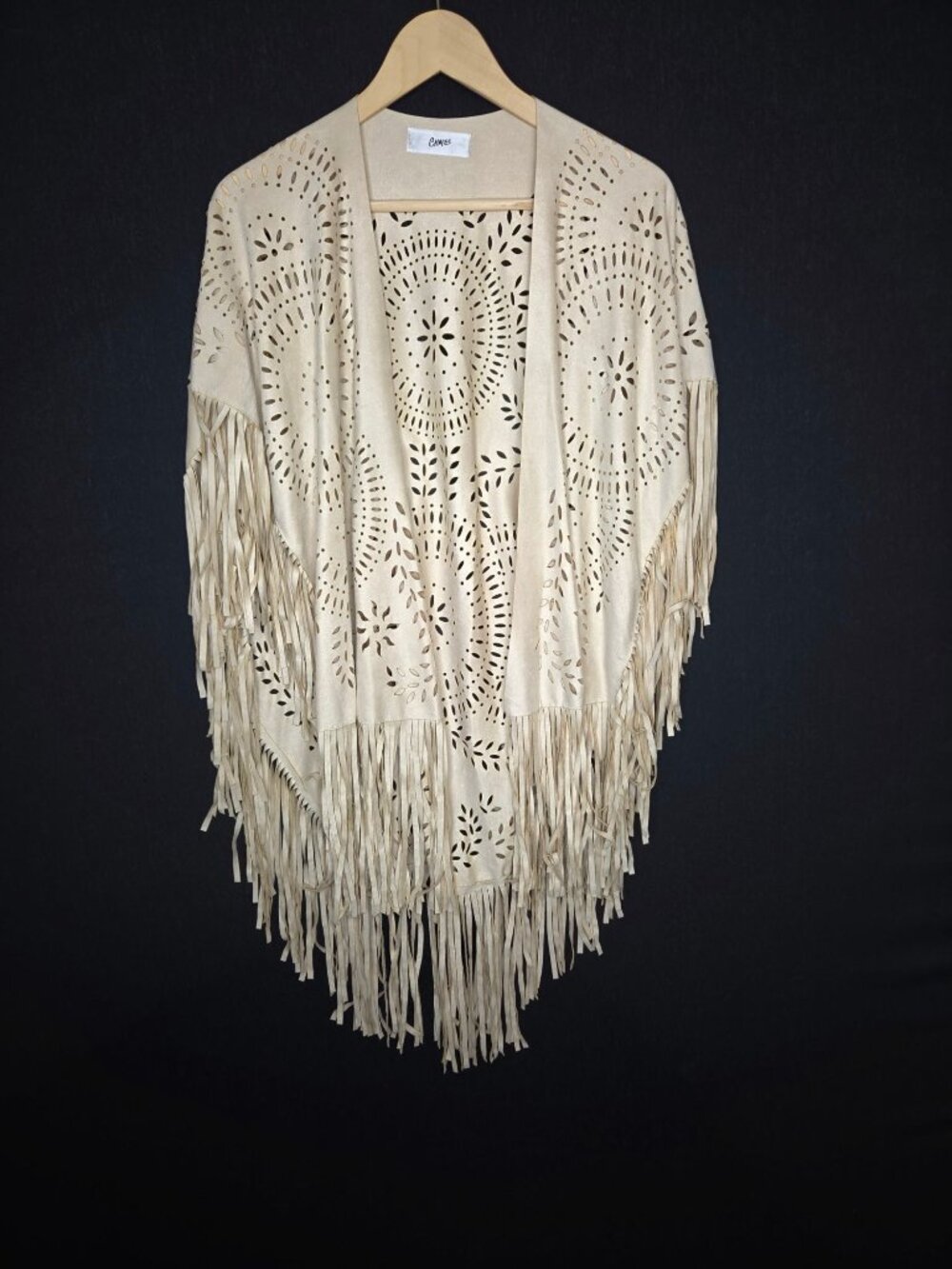 💙 Choles Beige Faux Suede Laser Cut Fringe Cape Poncho One Size Boho Western